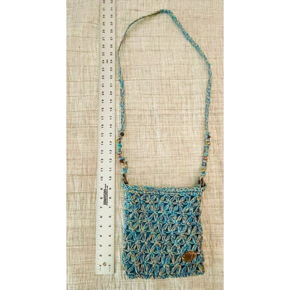 Capelli - Straw Crossbody Purse - Brown Beaded Strap - Blue Metallic - EUC - Picture 3 of 6